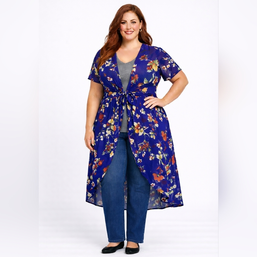 Live 4 Truth Blue Floral Tie Front Hi-Low Kimono Duster, Size 2X